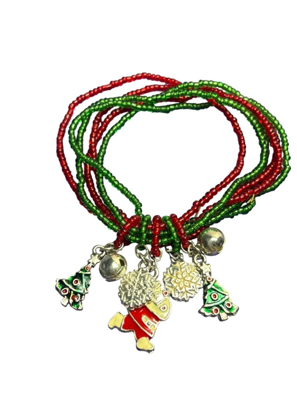 Multi Strand Red Green Seed Beaded Stretchy Bracelet Enamel Christmas Charms